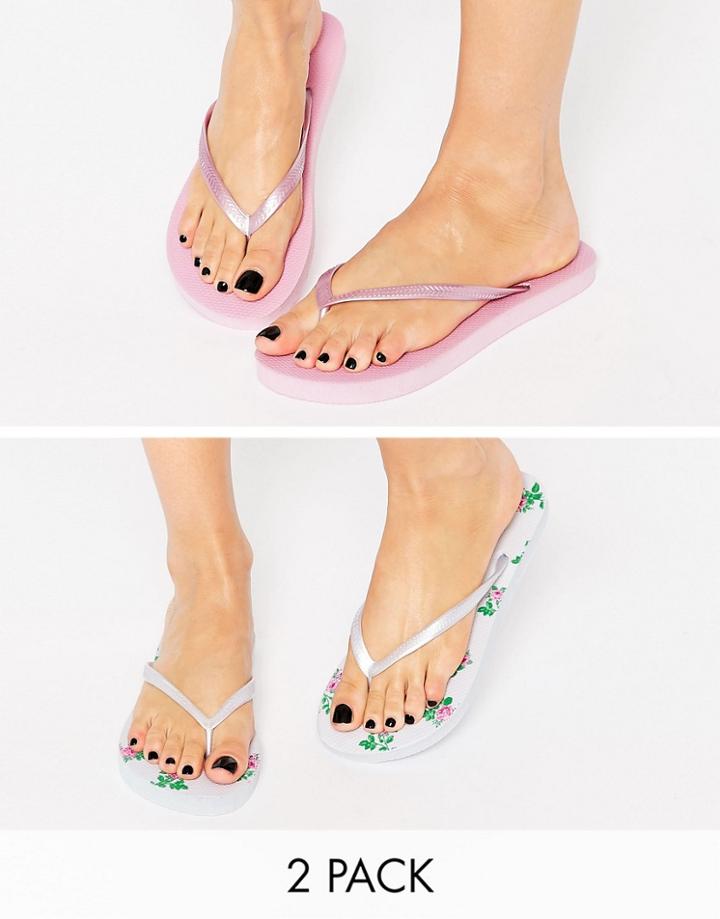 Asos Friendly Two Pack Flip Flops - Floral And Pink