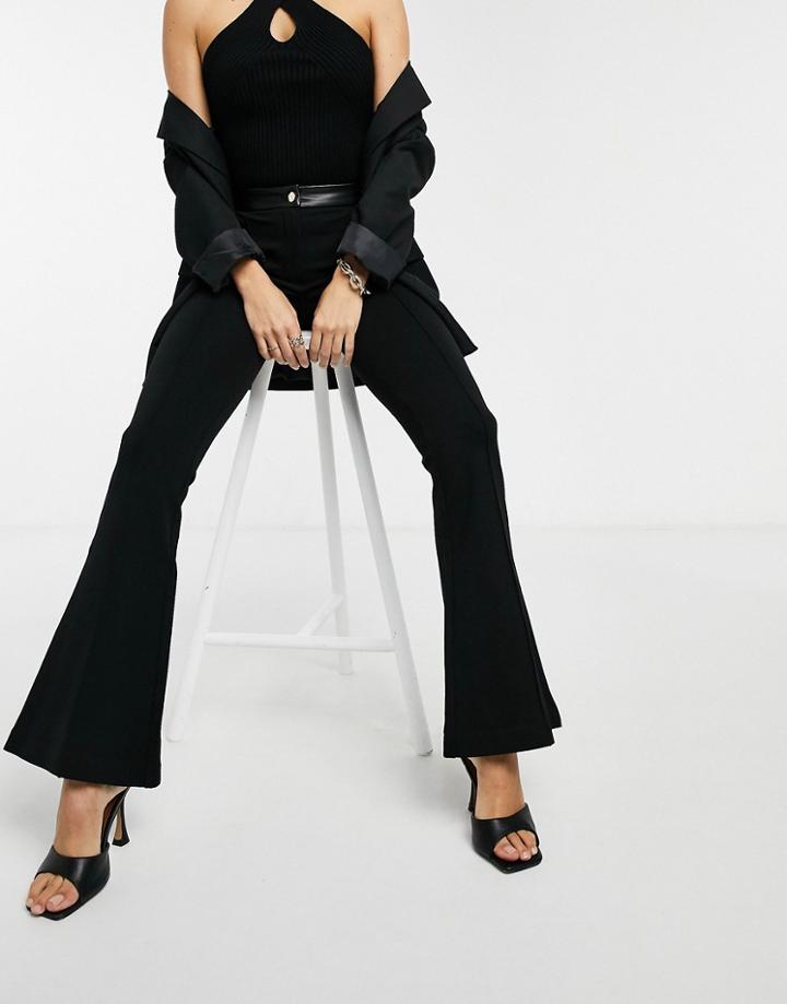 River Island Ponte Flared Pants With Faux Leather Waistband In Black