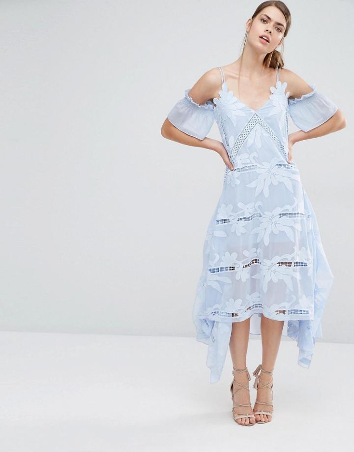 Self Portrait Floral Embroidered Midi Dress - Sky Blue