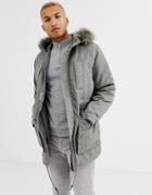 Asos Design Parka Jacket In Gray With Faux Fur Lining