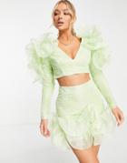Asos Luxe Wired Ruffle Shoulder Lace Top In Lime- Part Of A Set-green