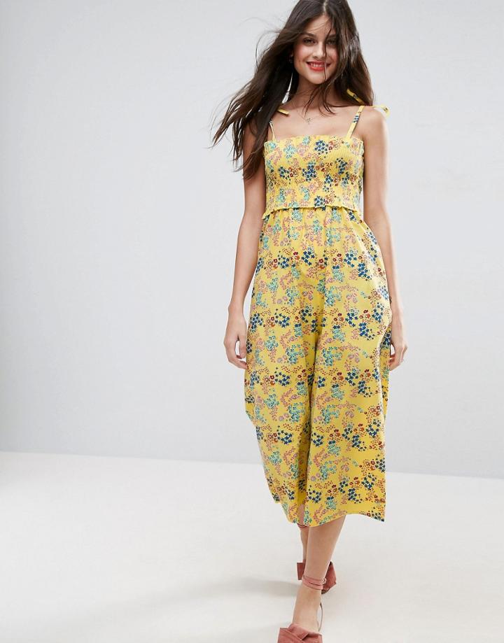 Asos Jumpsuit With Shirred Bodice In Ditsy Floral Print - Multi