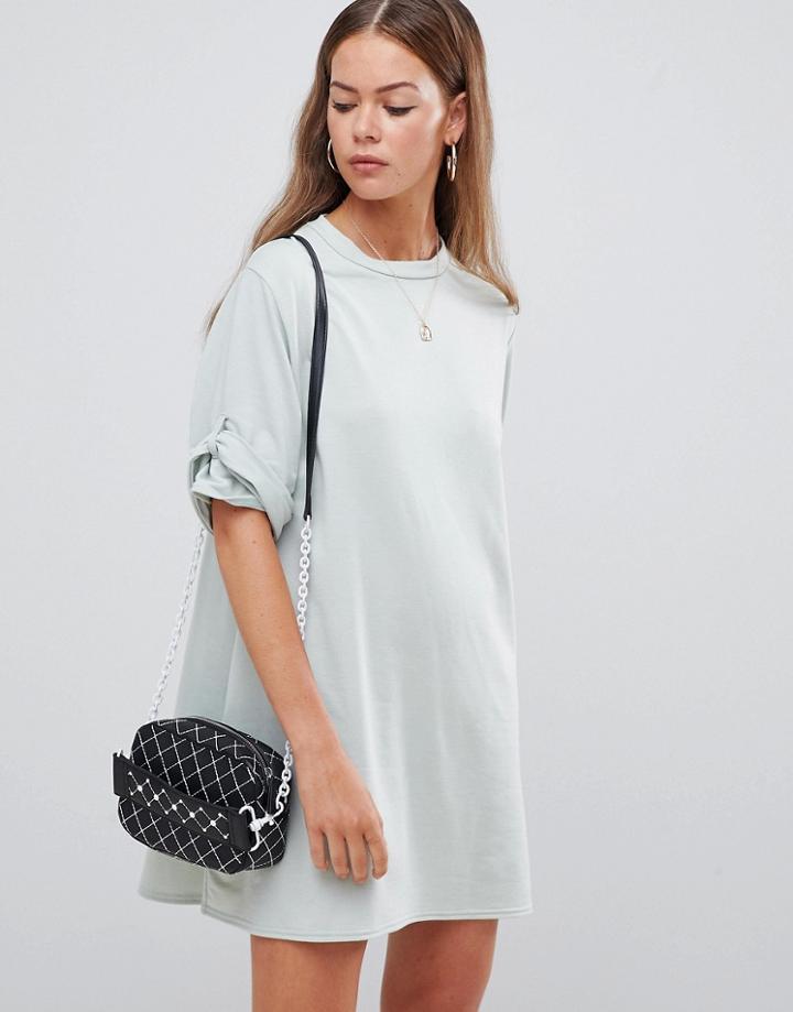 Boohoo Roll Sleeve Smock Dress In Sage - Green