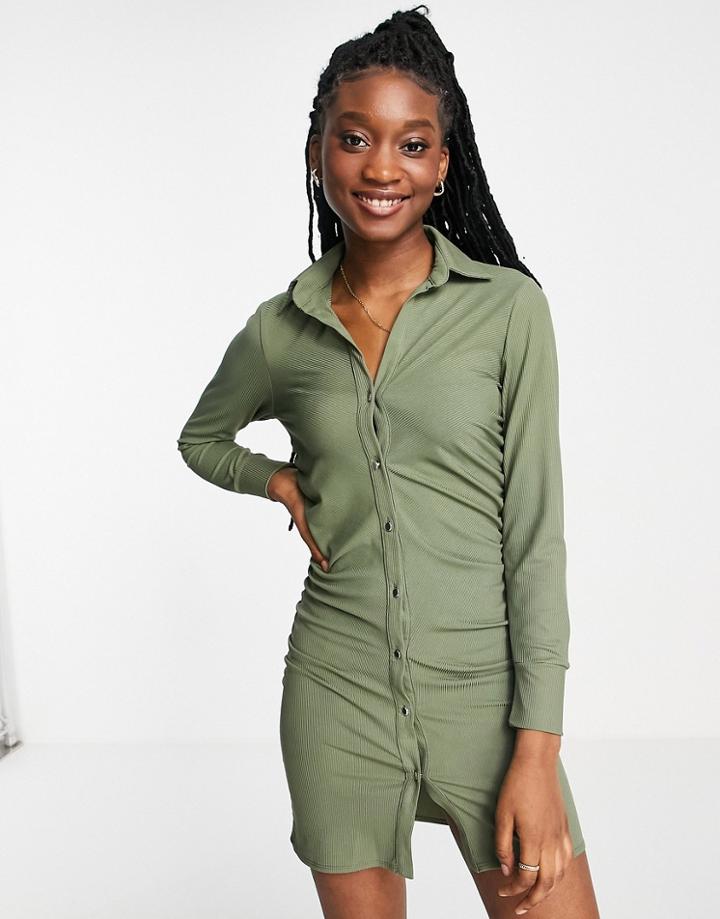 Miss Selfridge Ruched Front Polo Button Down Mini Dress In Khaki-green