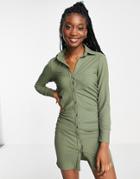 Miss Selfridge Ruched Front Polo Button Down Mini Dress In Khaki-green