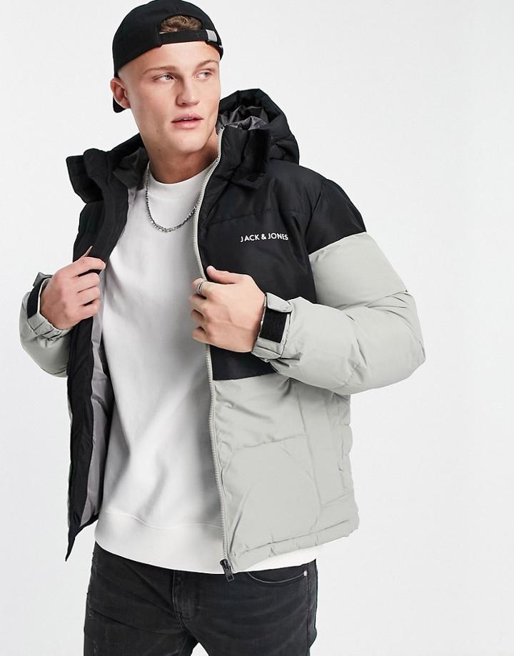 Jack & Jones Core Blocked Puffer With Hood In Black