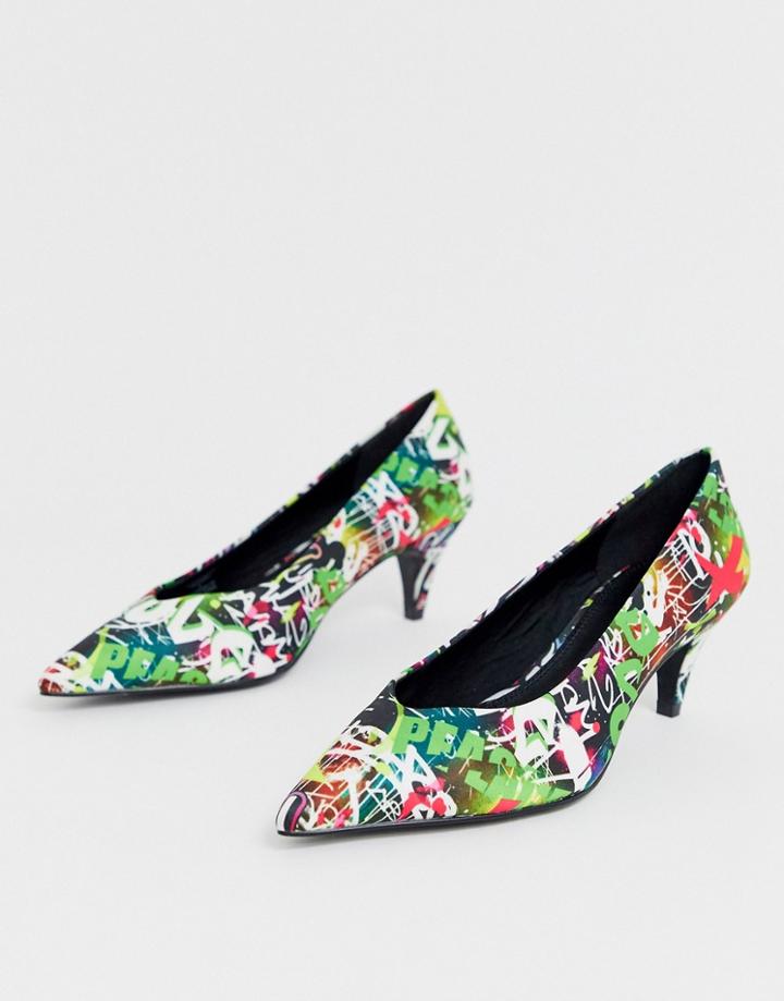 Asos Design Sensation Kitten Heel Pumps In Graffiti Print - Multi
