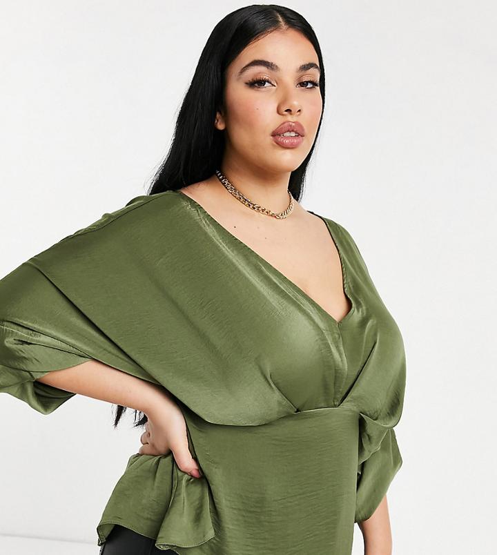 Asos Design Curve Long Sleeve V Neck Satin Batwing Top In Khaki-green