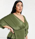 Asos Design Curve Long Sleeve V Neck Satin Batwing Top In Khaki-green