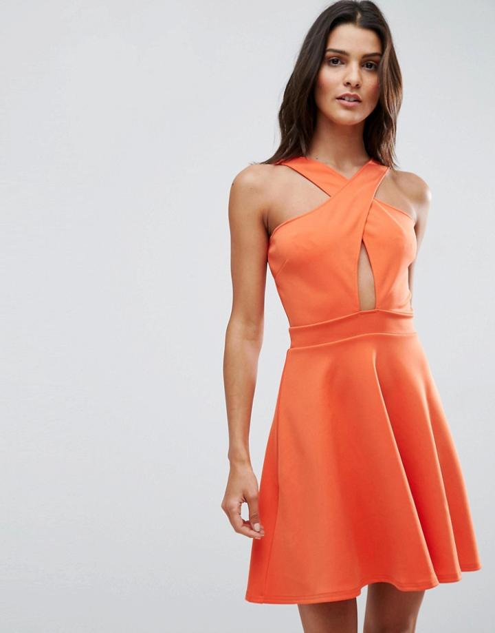 Oh My Love Scuba Cross Over Front Skater Dress - Orange