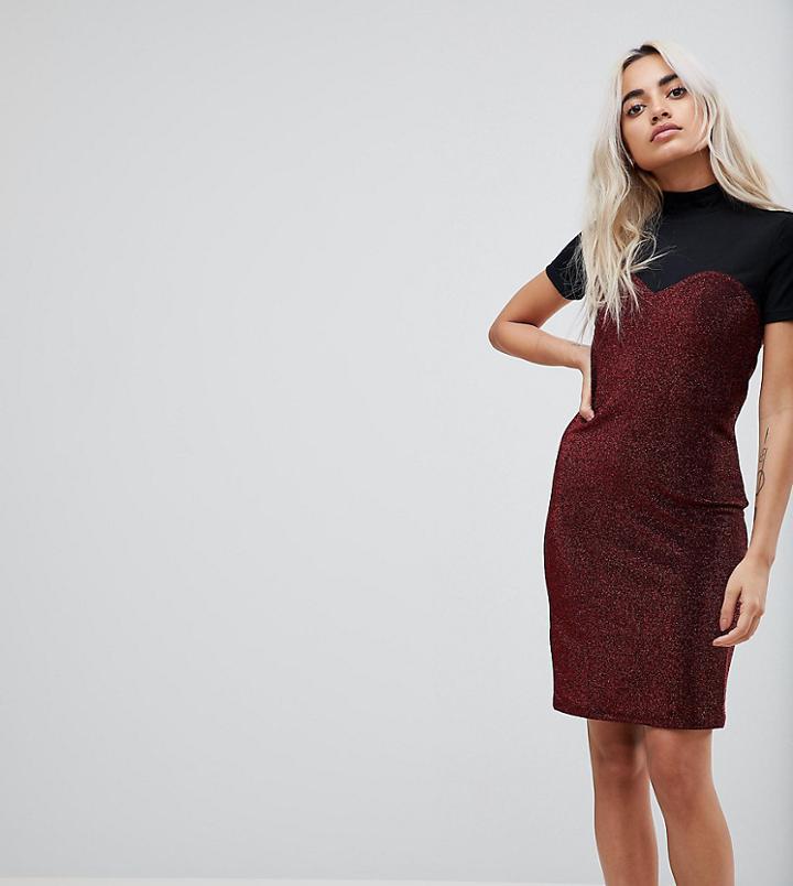 Noisy May Petite High Neck Mesh Top Glitter Bodycon Dress-red