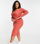 I Saw It First Plus Notch Neck Midi Body-conscious Dress In Rust-red