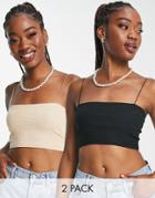 Pull & Bear 2 Pack Ribbed Tube Crop Top With Spaghetti Straps In Black And Beige-multi