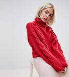 Oneon Hand Knitted Roll Neck Cable Sweater - Red