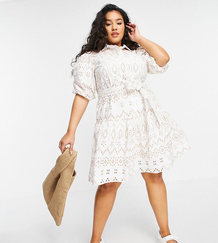 River Island Plus Eyelet Puff Sleeve Shirt Mini Dress In Beige-neutral