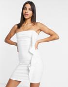 Vesper Bandeau Body-conscious Midi Dress With Ruffle Detail In Ivory-white