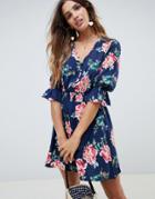 Influence V Neck Floral Tea Dress With Gathered Sleeve - Blue