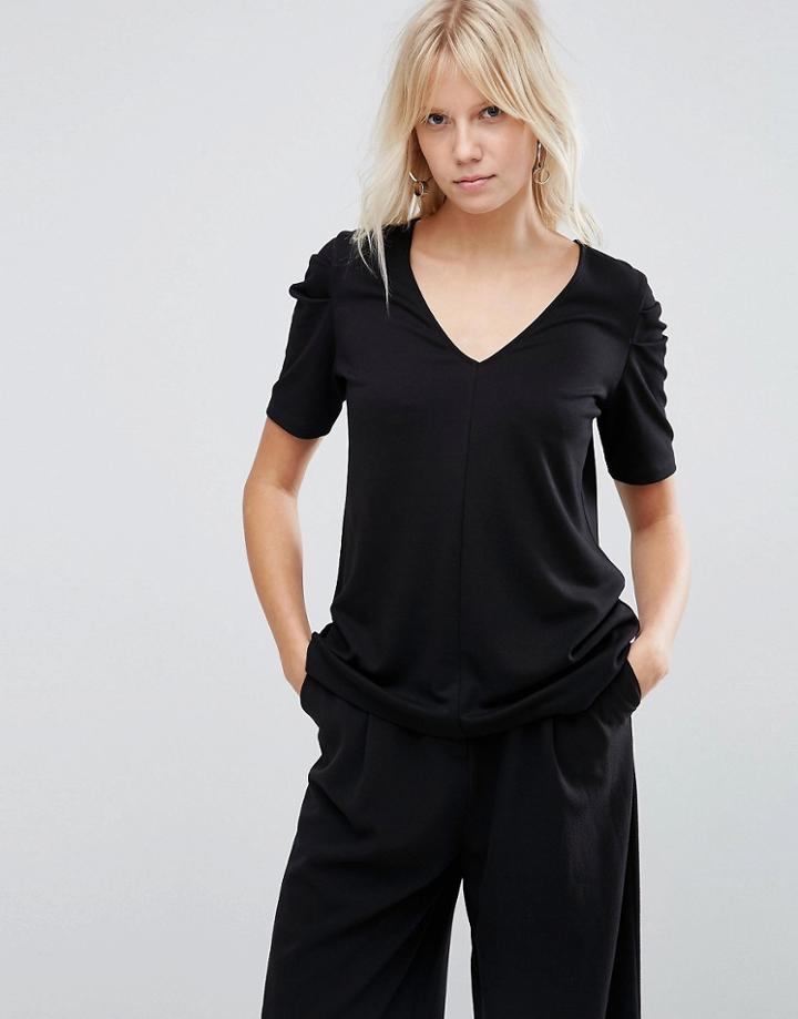 Asos Top With Ruched Sleeve Detail - Black