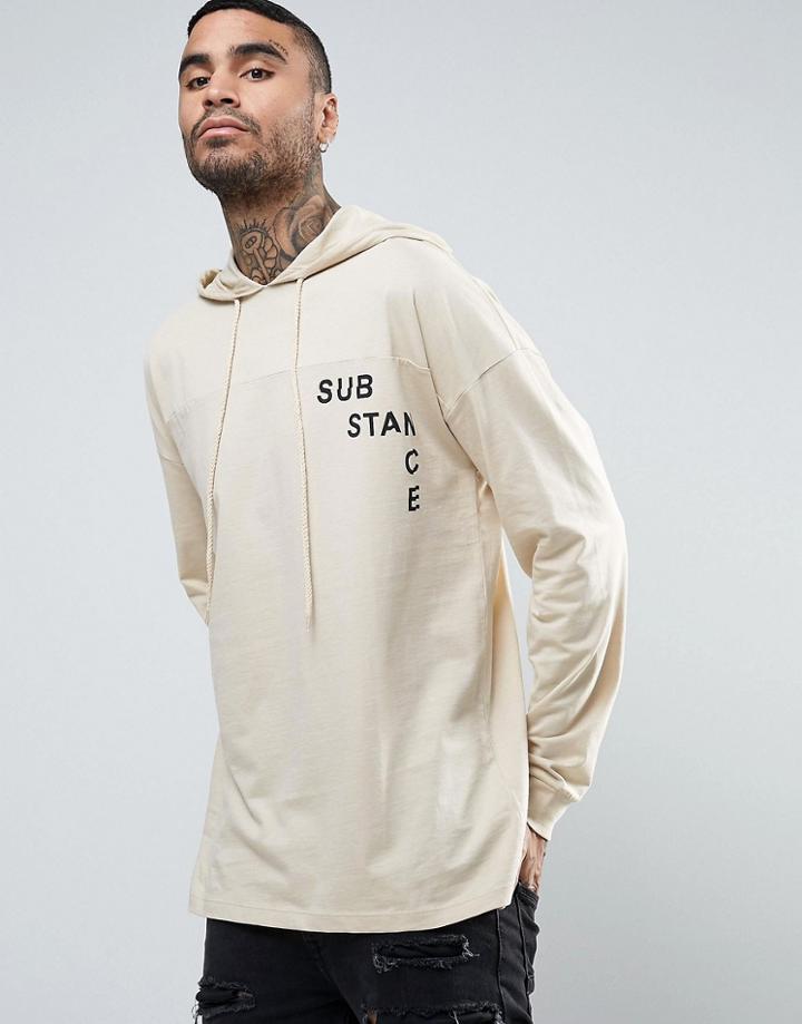 Asos Dropped Shoulder Oversized Long Sleeve T-shirt With Hood And Print - Beige