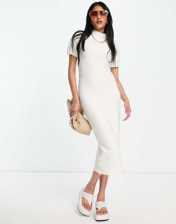 Asos Design Short Sleeve Ribbed Midi Dress With Twist Back Detail In Winter White