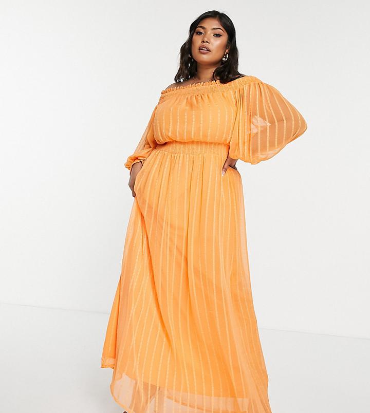 Asos Design Curve Off Shoulder Maxi Dress With Blouson Sleeve In Self Stripe-orange