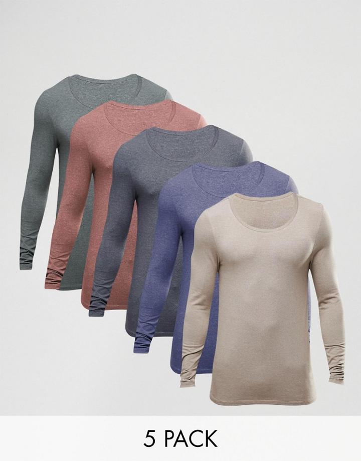 Asos Extreme Muscle Long Sleeve T-shirt With Scoop Neck 5 Pack - Multi