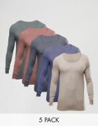 Asos Extreme Muscle Long Sleeve T-shirt With Scoop Neck 5 Pack - Multi