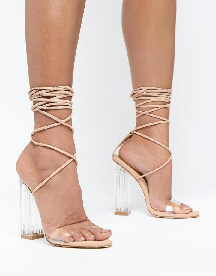Boohoo Clear Heel Tie Up Sandal - Tan