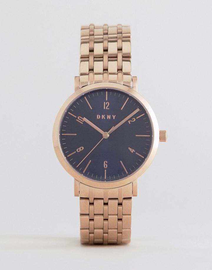 Dkny Rose Gold Minetta Navy Face Mesh Watch - Gold
