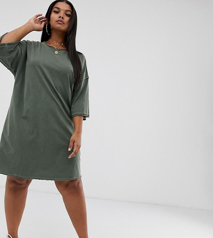Asos Design Curve Oversized T-shirt Dress With Raw Edge - Green