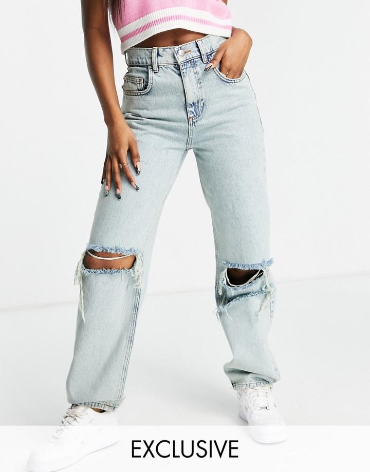 Reclaimed Vintage Inspired 90's Dad Jean With Extreme Rips In Antique Wash-blue