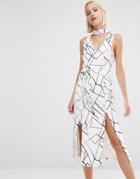 Lavish Alice Abstract Print Tie Belt Double Split Midi Dress - Multi