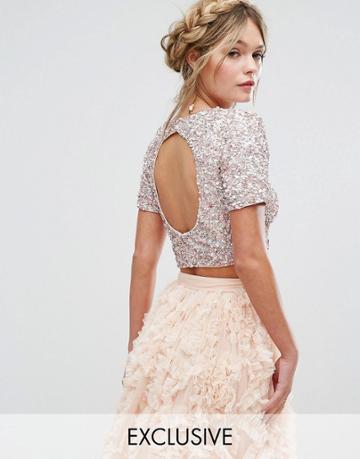Lace & Beads Cropped Top With Embellishment And Open Back Co-ord - Pink