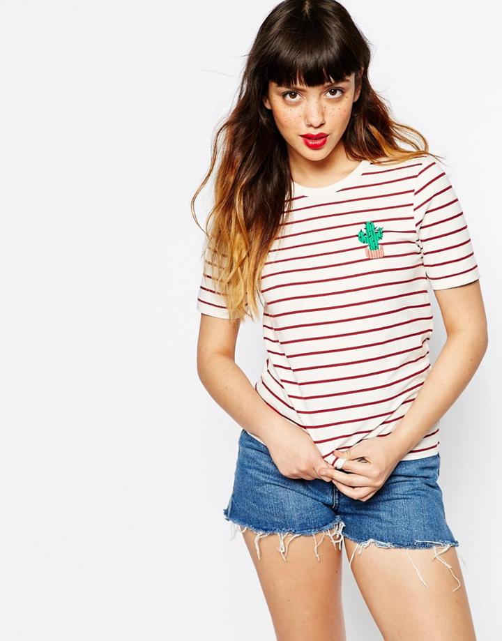 Asos T-shirt With Cactus Embroidery In Stripe