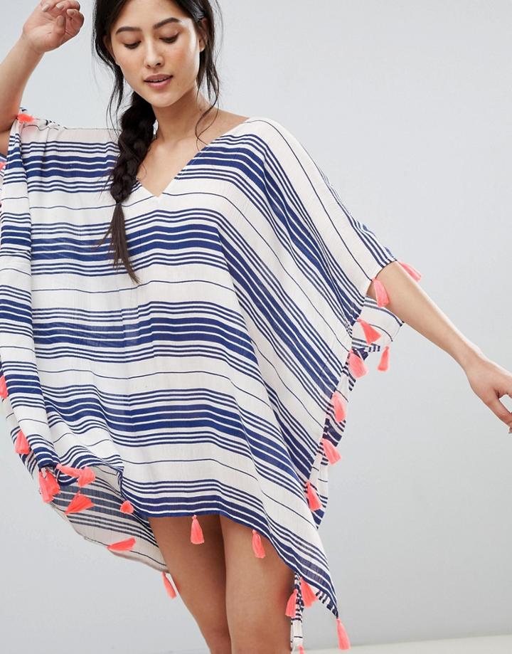 Asos Design Stripe Pom Pom Tassel Beach Caftan - Multi