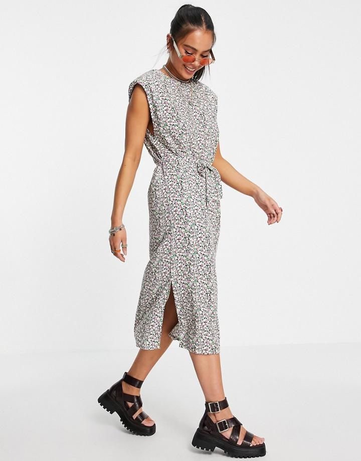 Only Midi Dress With Shoulder Pads And Tie Waist In Floral Print-black