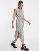 Only Midi Dress With Shoulder Pads And Tie Waist In Floral Print-black