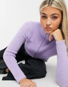 Bershka Zip Up Fluffy Sweater In Lilac-purple