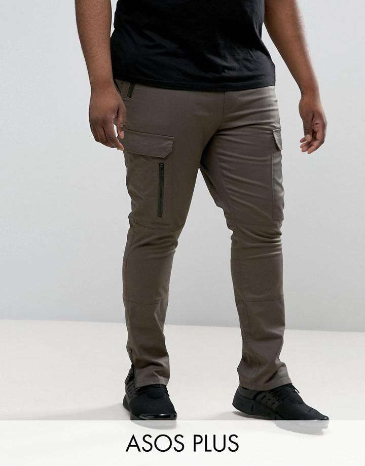 Asos Plus Super Skinny Fit Pants With Zip Cargo Pockets In Khaki - Green