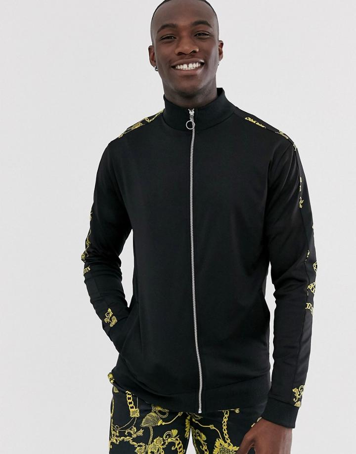 Asos Design Tall Two-piece Poly Tricot Track Top In Stripe & Baroque Print-black