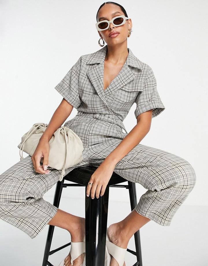 Asos Design Short Sleeve Tux Belted Jumpsuit In Plaid Print-multi