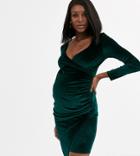 Blume Maternity Exclusive Wrap Front Velvet Midi Dress In Emerald-red