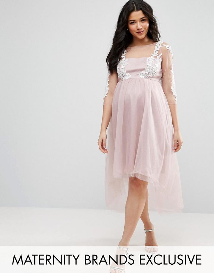 Chi Chi London Maternity Lace Embroidered Mesh Overlay Dress With Dip Hem - Gray