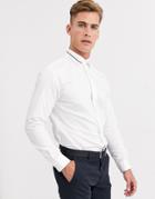 Selected Homme Slim Fit Stretch Hidden Placket Tipped Collar Shirt In White