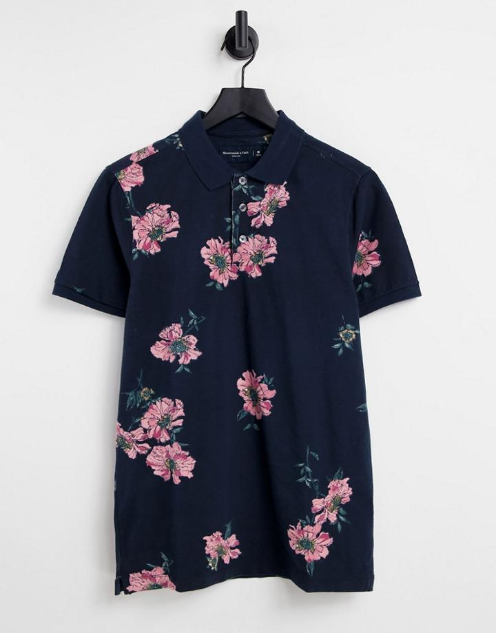 Abercrombie & Fitch Floral Print Pique Polo In Navy