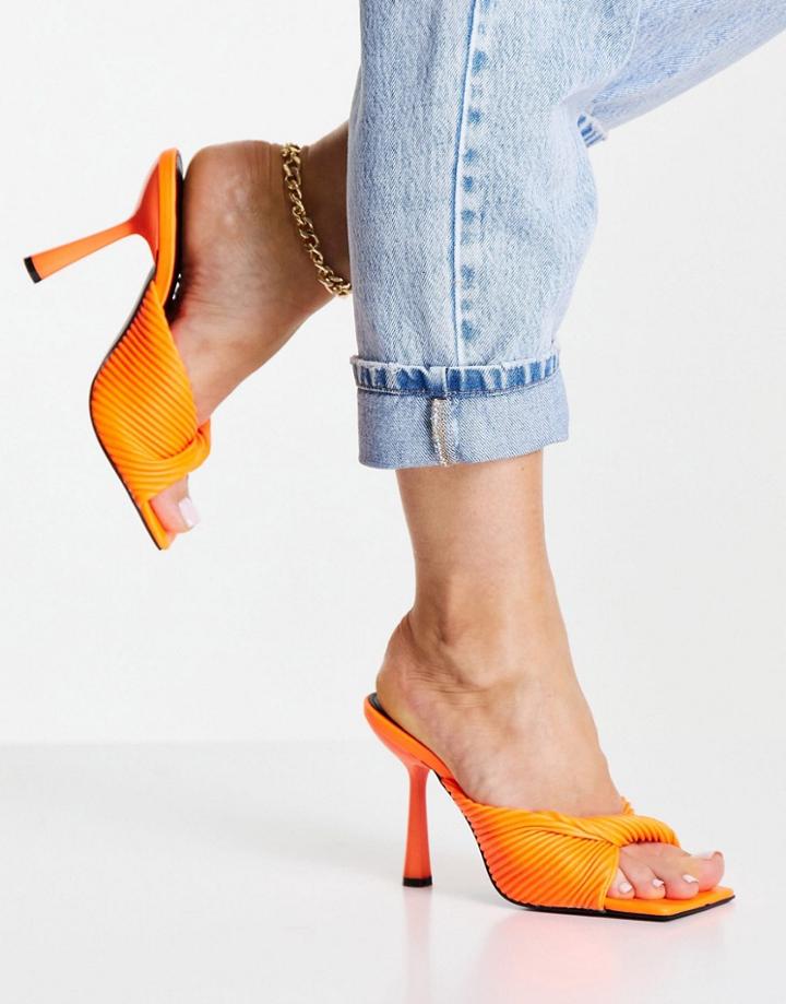 Public Desire Punch Heeled Mules With Twist Strap In Neon Orange