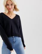 Asos Design Cropped Sweater In Fluffy Yarn And Off Shoulder-navy