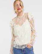 Asos Design Long Sleeve Top In Delicate Lace - Cream