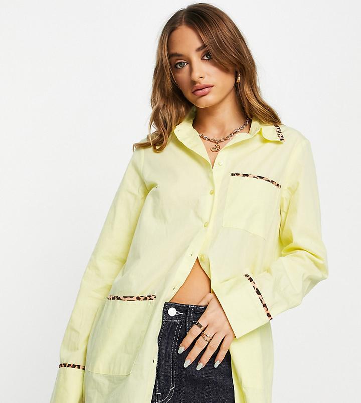Vila Exclusive Oversized Shirt With Leopard Print Tipping In Pastel Yellow