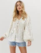 Asos Design Long Sleeve Sequin Stripe Top With Lace Up Detail - White